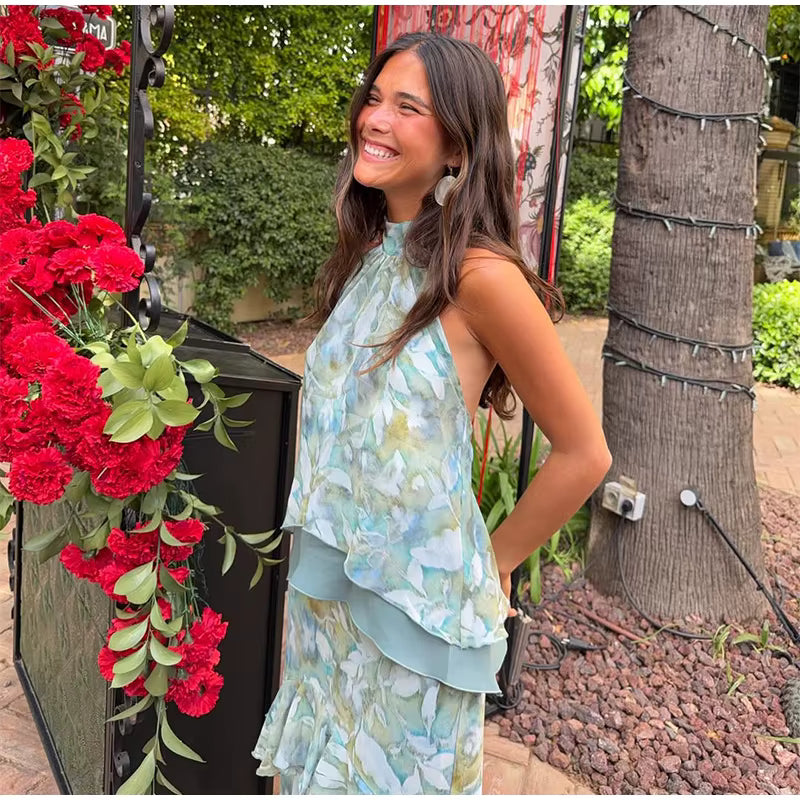 Elora Vestido Maxi Floral con Cuello Halter y Volantes