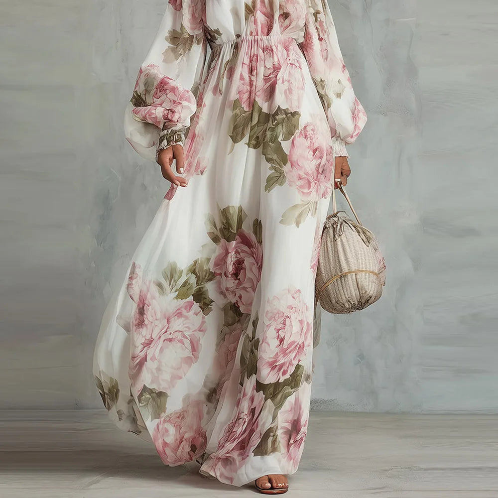 Pivoine Vestido Maxi Floral con Hombros Descubiertos y Mangas Largas