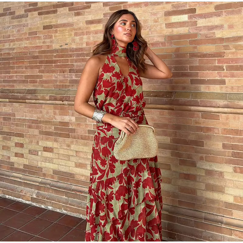 Nerea Conjunto Floral con Top Halter y Falda Maxi