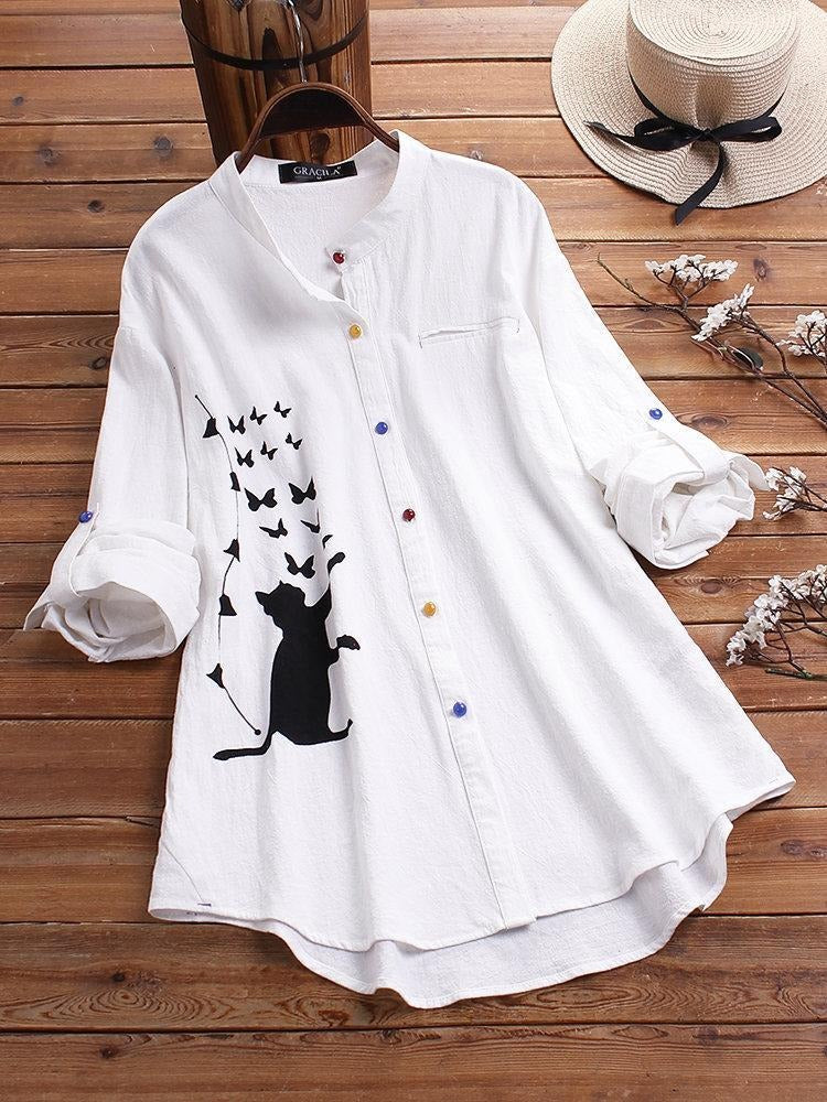 Camisa de gatos con cuello camisero y manga larga
