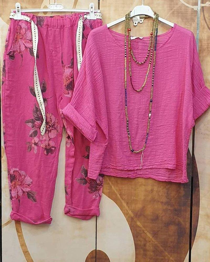 Conjunto casual de dos piezas de flores con manga tres cuartos