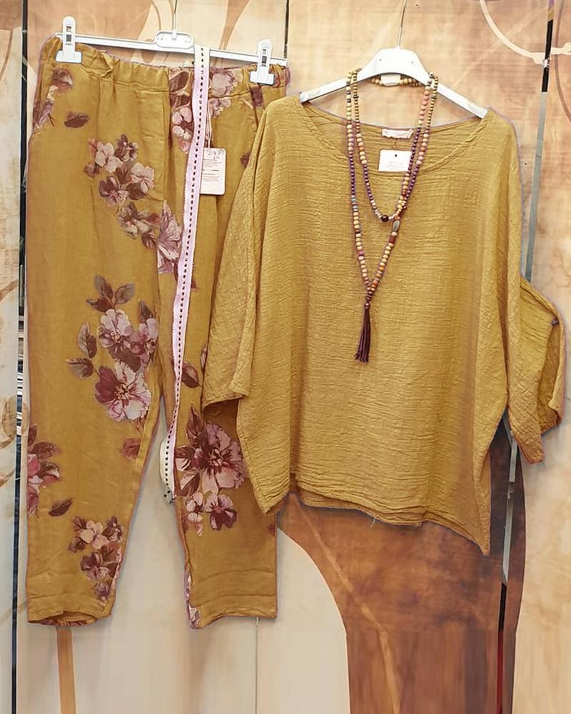 Conjunto casual de dos piezas de flores con manga tres cuartos