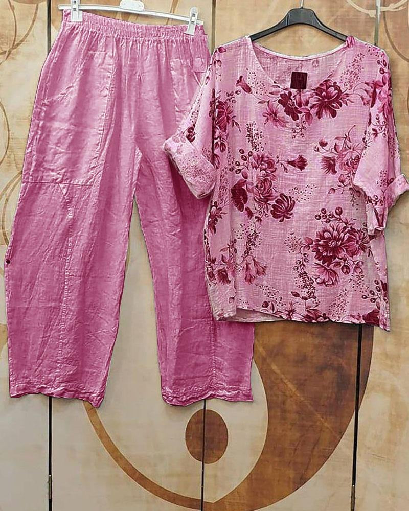 Conjunto casual de dos piezas de flores con manga francesa