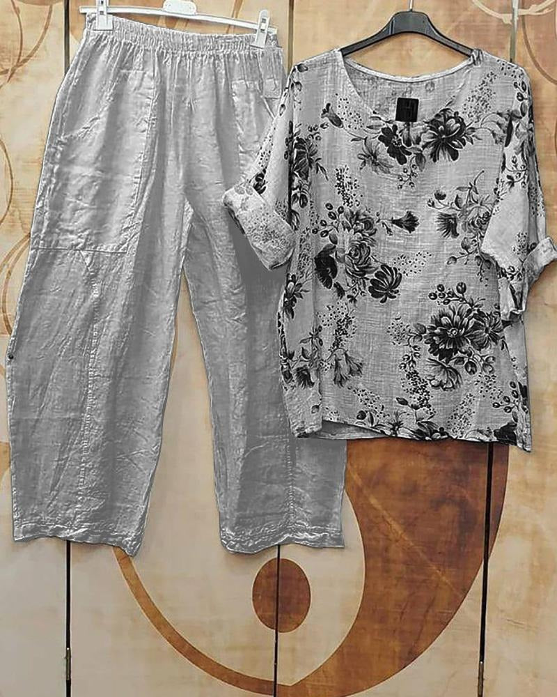 Conjunto casual de dos piezas de flores con manga francesa