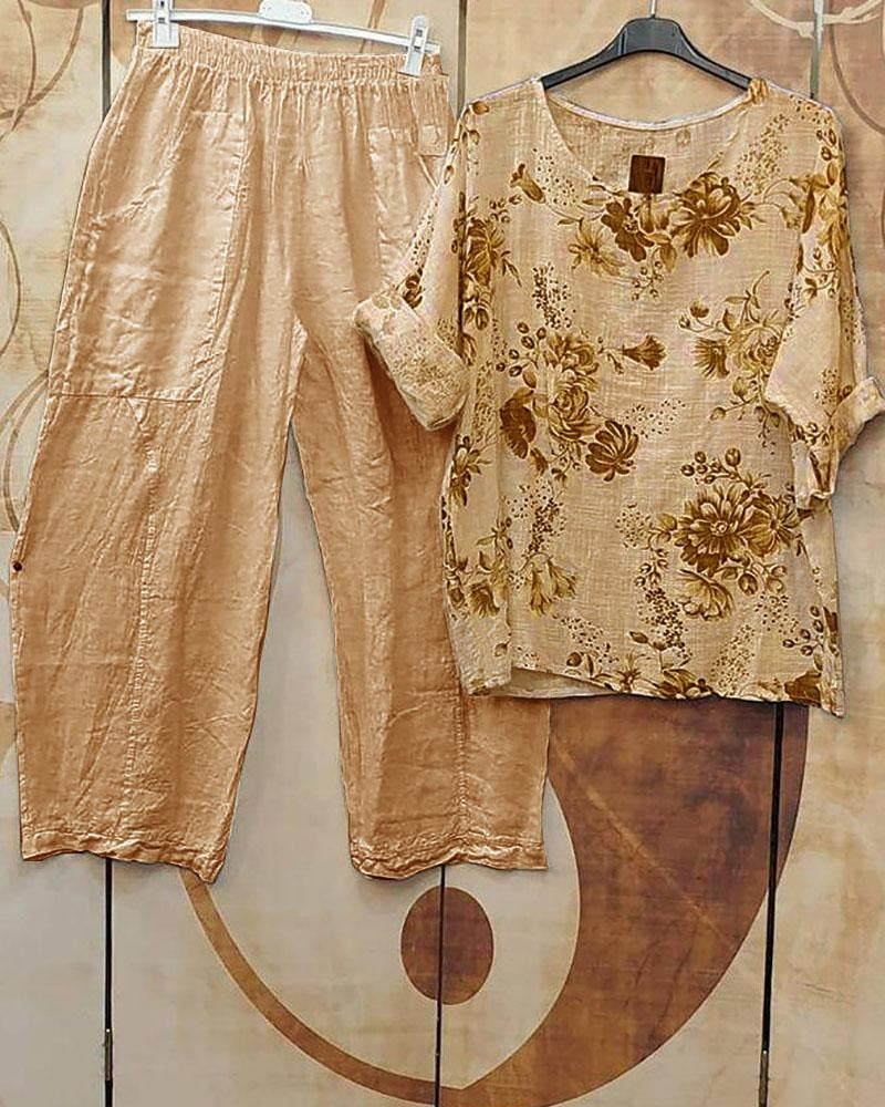 Conjunto casual de dos piezas de flores con manga francesa