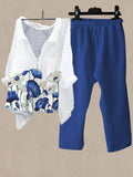 Conjunto casual de flores de lino azul con cuello camisero