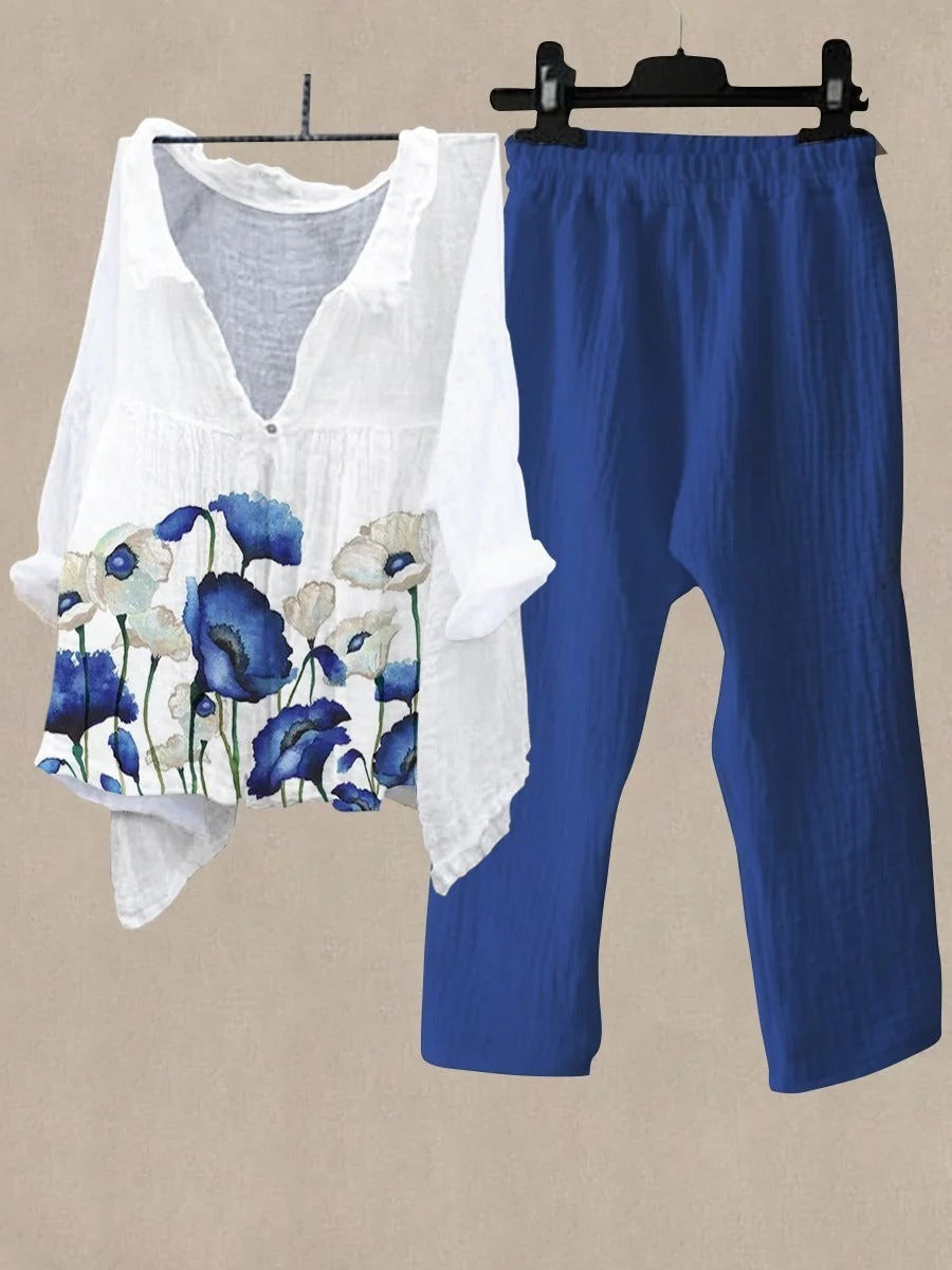 Conjunto casual de flores de lino azul con cuello camisero