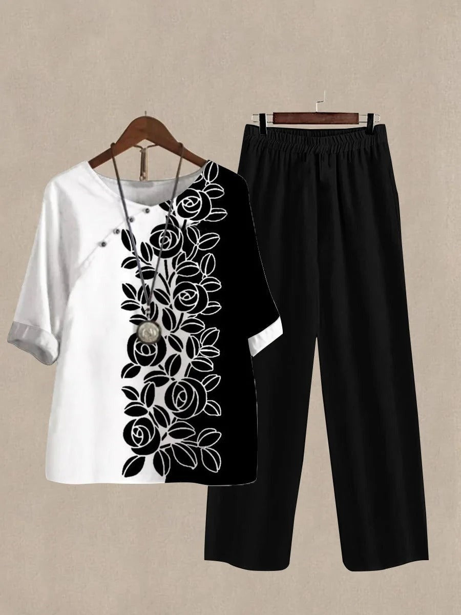 Conjunto de pernera ancha de flores de lino con manga francesa