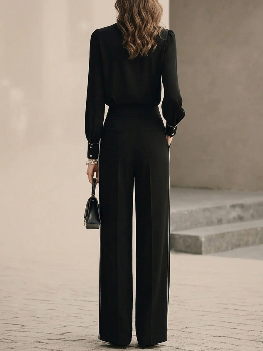 Ana Conjunto de Dos Piezas: Blusa Negra con Lazo y Ribete Blanco y Pantalón Ancho