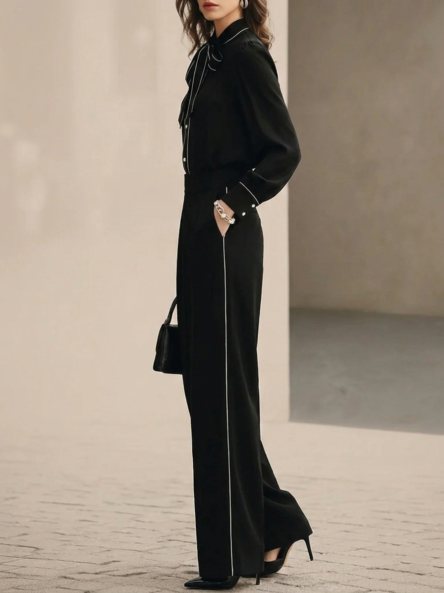 Ana Conjunto de Dos Piezas: Blusa Negra con Lazo y Ribete Blanco y Pantalón Ancho