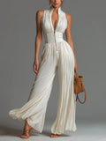 Arcelia Mono Blanco de Chiffon sin Mangas con Cremallera, Pliegues y Pernera Ancha