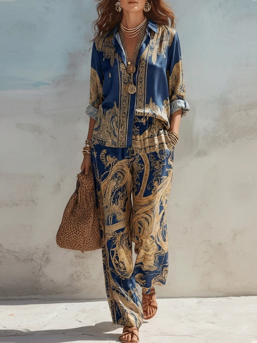 Laia Conjunto de Dos Piezas: Camisa Azul Marino con Estampado Barroco y Pantalón Ancho