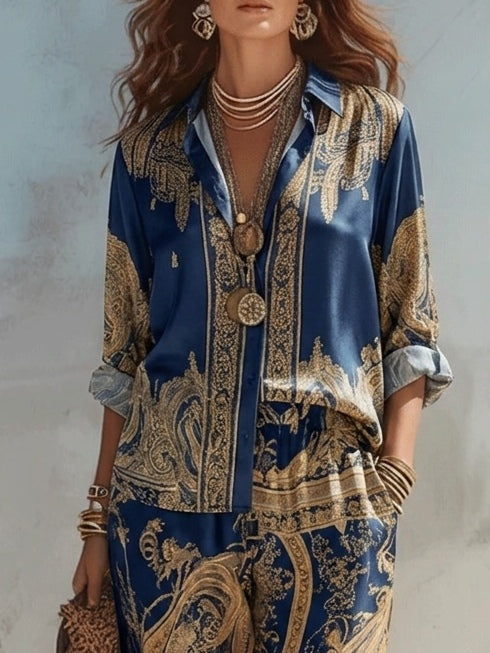 Laia Conjunto de Dos Piezas: Camisa Azul Marino con Estampado Barroco y Pantalón Ancho
