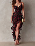 Lucía Vestido Chic Negro y Rojo con Estampado Floral y Volantes en el Bajo