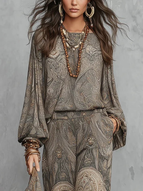 Mireya Traje de Top de Mangas Farol Estampado de Cachemira Gris y Pantalón Ancho