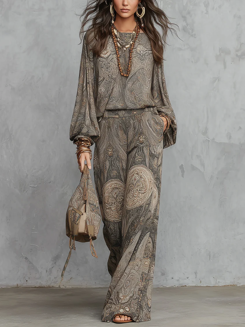 Mireya Traje de Top de Mangas Farol Estampado de Cachemira Gris y Pantalón Ancho