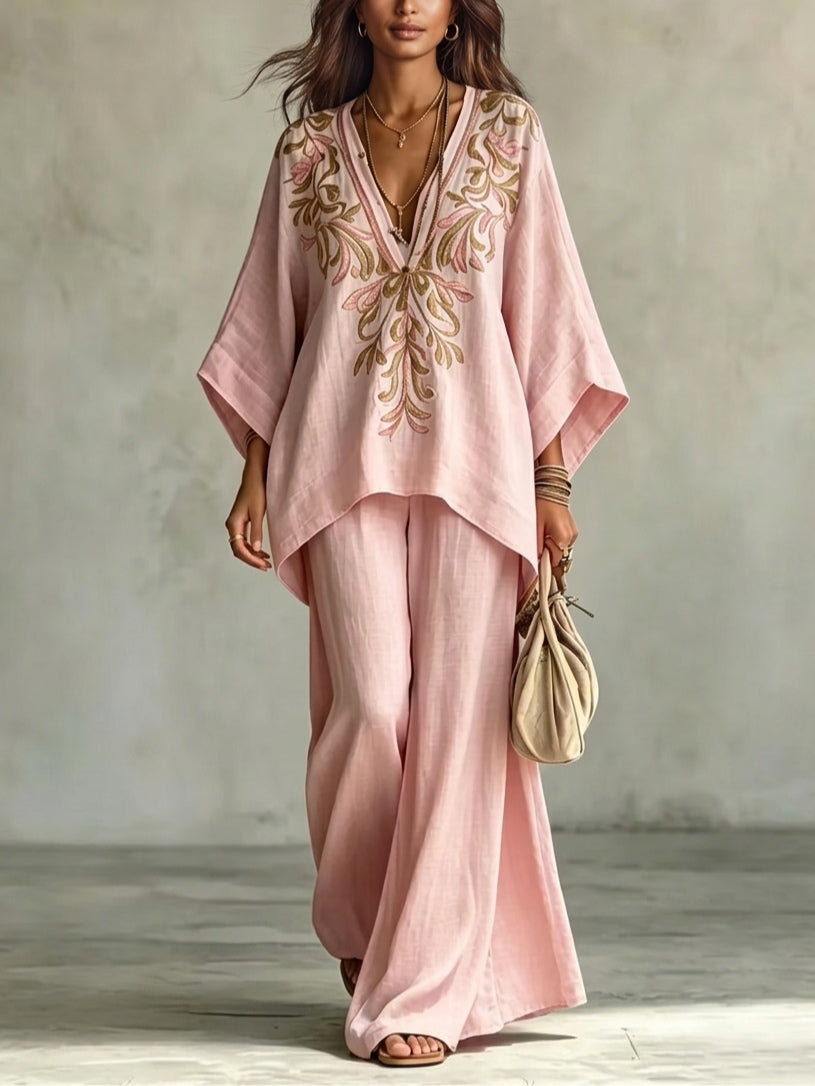 Lucía Conjunto de Dos Piezas Camisa Rosa Bordada Manga Murciélago y Pantalón Ancho