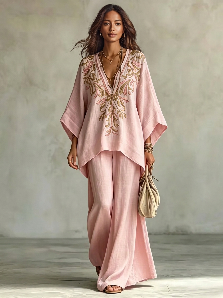 Lucía Conjunto de Dos Piezas Camisa Rosa Bordada Manga Murciélago y Pantalón Ancho