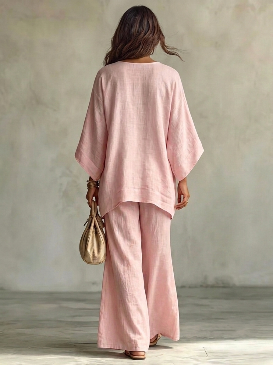 Lucía Conjunto de Dos Piezas Camisa Rosa Bordada Manga Murciélago y Pantalón Ancho