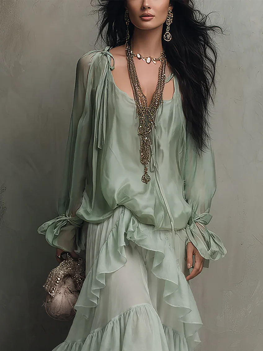 Agata Conjunto de Top de Gasa con Volantes Verde Menta y Falda de Capas
