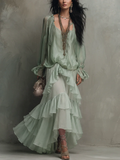 Agata Conjunto de Top de Gasa con Volantes Verde Menta y Falda de Capas