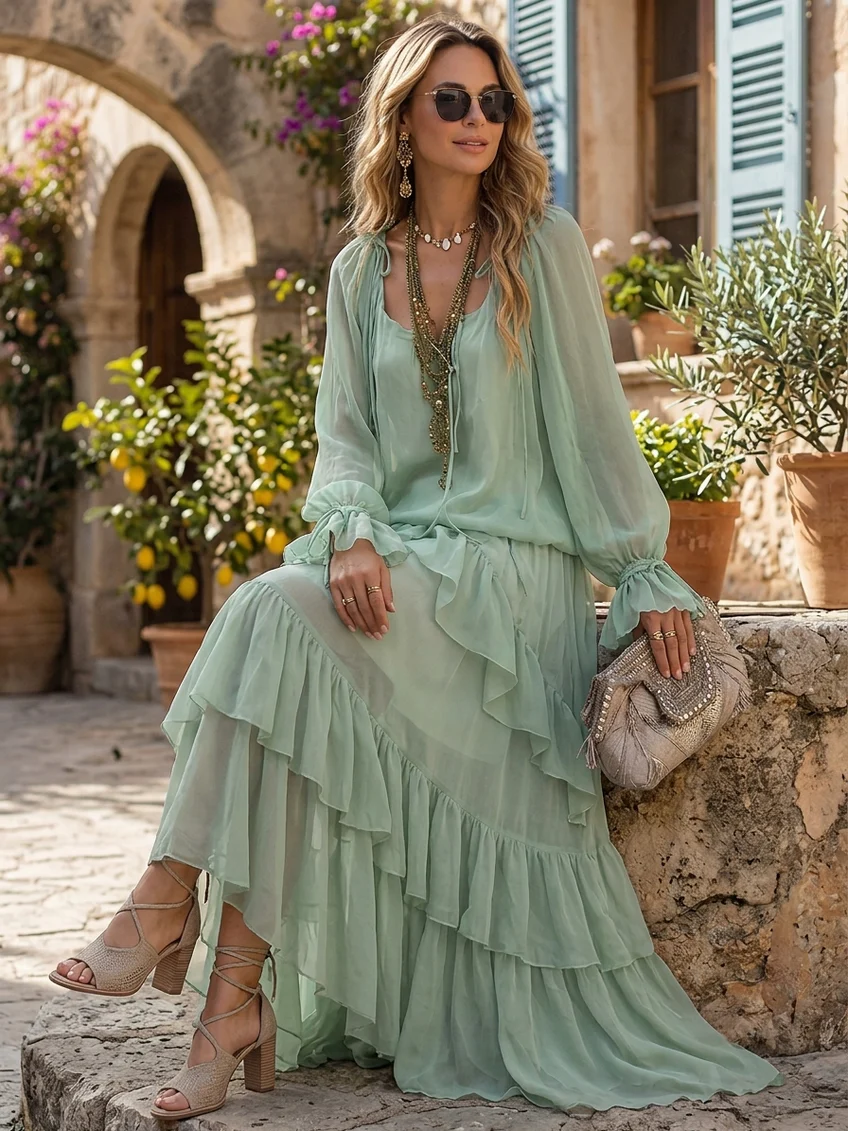 Agata Conjunto de Top de Gasa con Volantes Verde Menta y Falda de Capas
