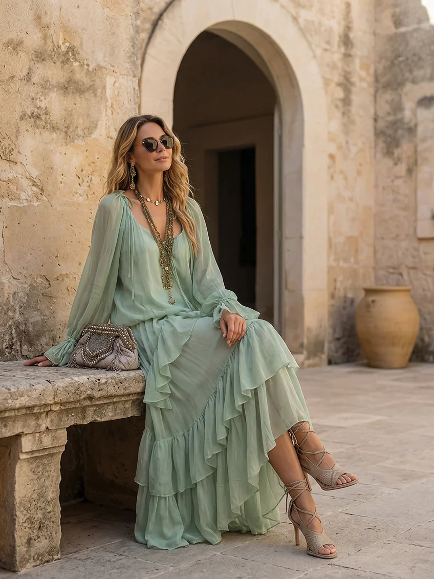 Agata Conjunto de Top de Gasa con Volantes Verde Menta y Falda de Capas