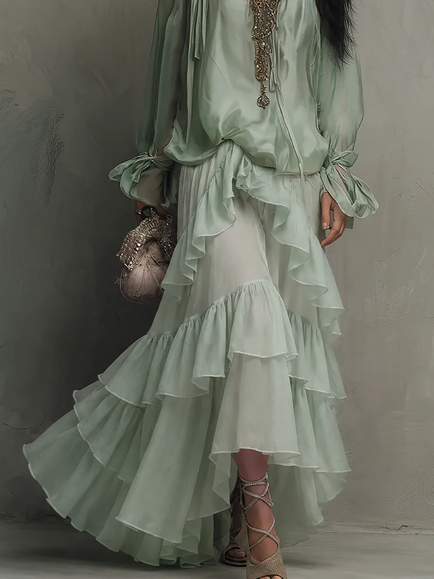 Agata Conjunto de Top de Gasa con Volantes Verde Menta y Falda de Capas