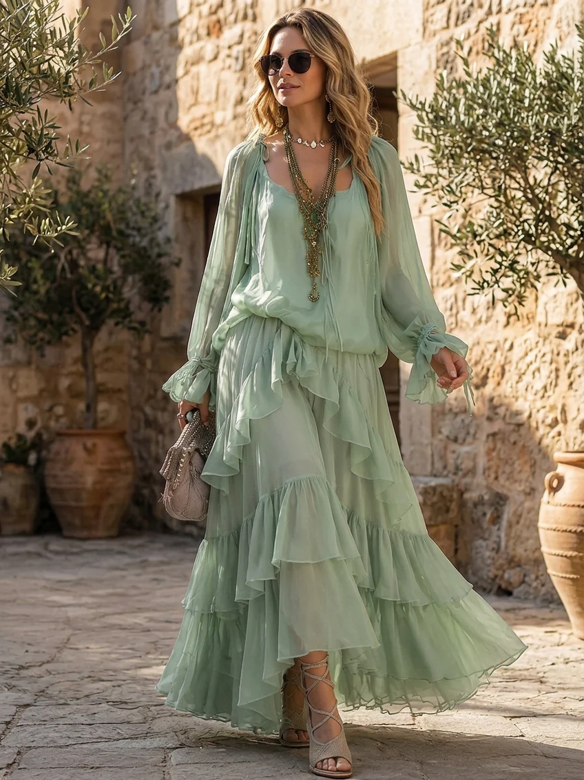Agata Conjunto de Top de Gasa con Volantes Verde Menta y Falda de Capas