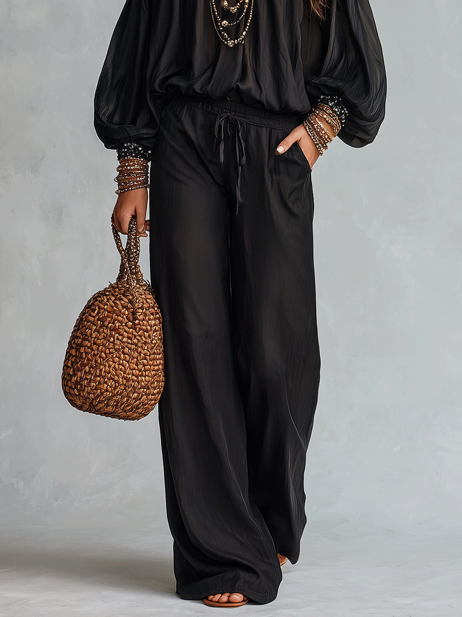 Rocío Conjunto Negro de Top con Hombros Descubiertos y Lentejuelas y Pantalón Ancho con Cordón