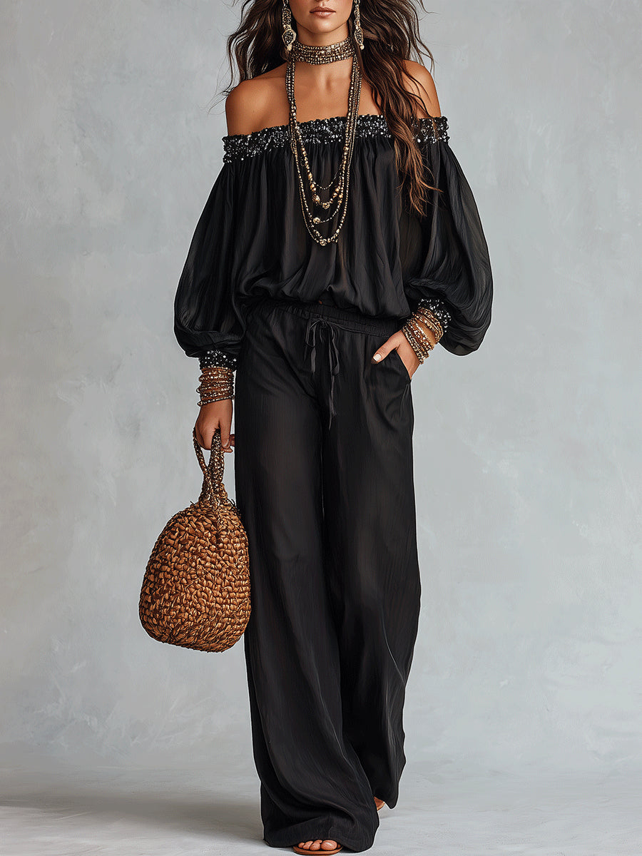 Rocío Conjunto Negro de Top con Hombros Descubiertos y Lentejuelas y Pantalón Ancho con Cordón