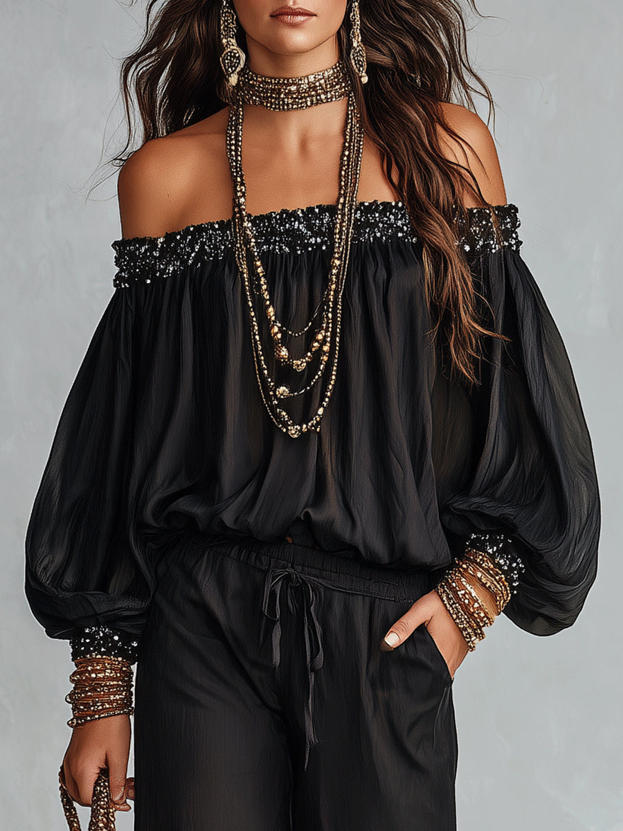 Rocío Conjunto Negro de Top con Hombros Descubiertos y Lentejuelas y Pantalón Ancho con Cordón