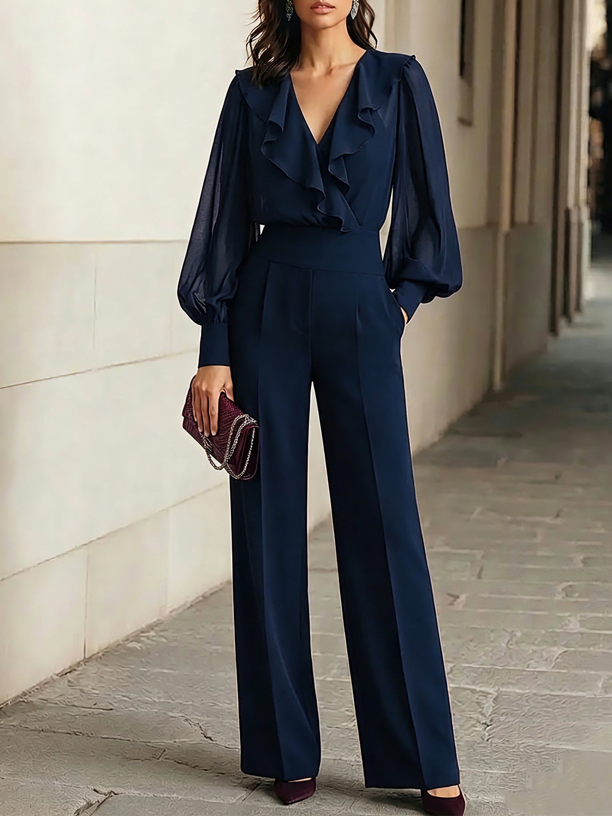 Ángela Conjunto de Dos Piezas Top de Gasa con Volantes Azul Marino y Pantalón Ancho