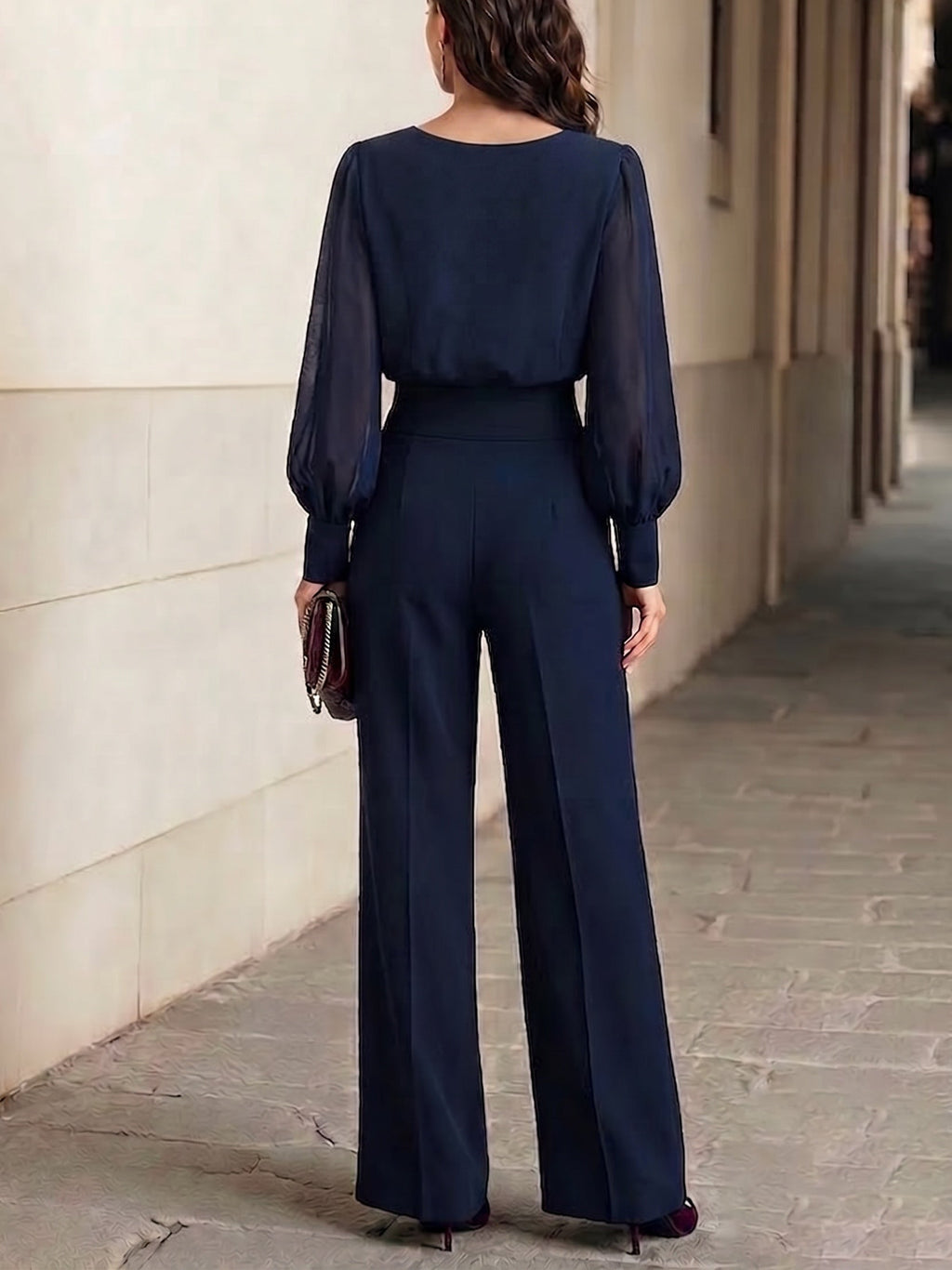 Ángela Conjunto de Dos Piezas Top de Gasa con Volantes Azul Marino y Pantalón Ancho