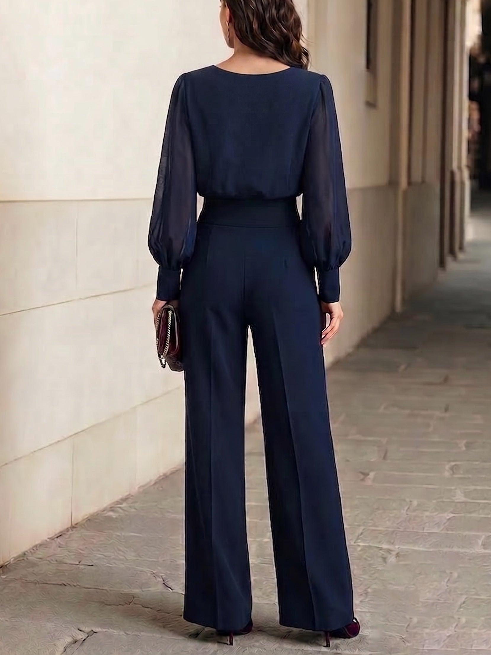 Ángela Conjunto de Dos Piezas Top de Gasa con Volantes Azul Marino y Pantalón Ancho