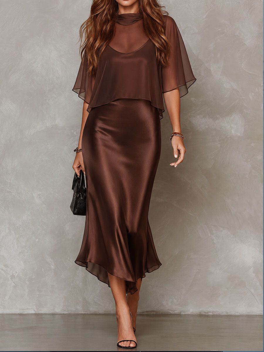 María Conjunto de Dos Piezas: Blusa de Gasa Marrón y Vestido Midi de Satén