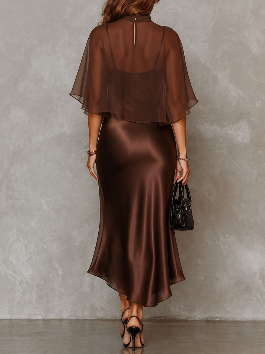 María Conjunto de Dos Piezas: Blusa de Gasa Marrón y Vestido Midi de Satén