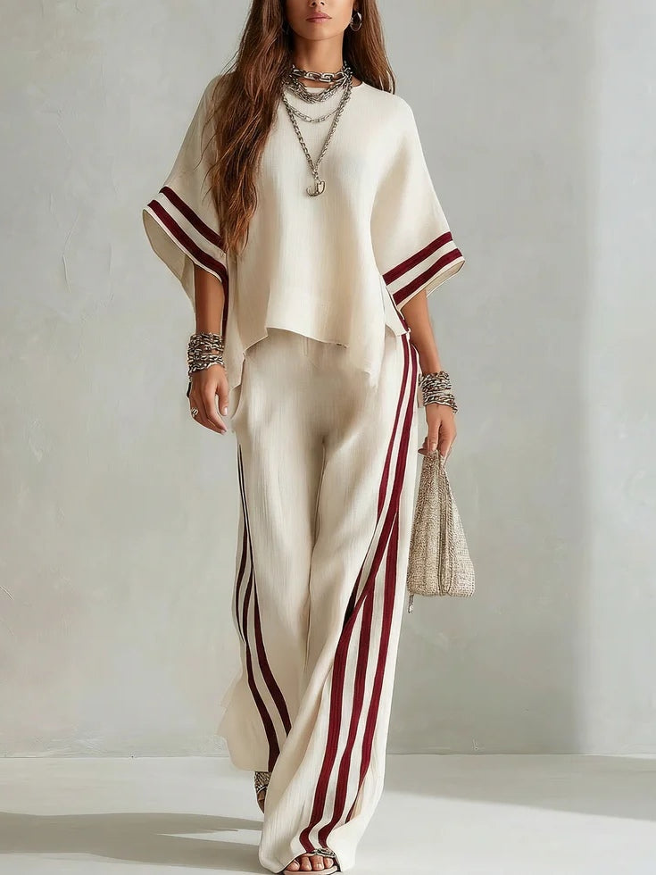 Bárbara Conjunto Casual de Dos Piezas de Pantalón Ancho a Rayas en Bloques de Color