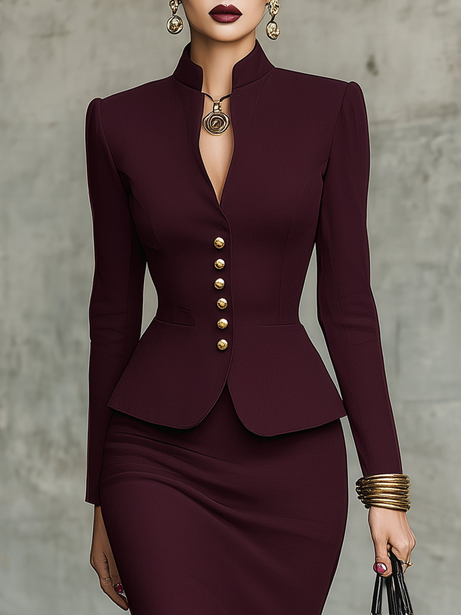Leticia Conjunto de Top con Bajo de Volantes Burdeos y Falda con Botones Dorados