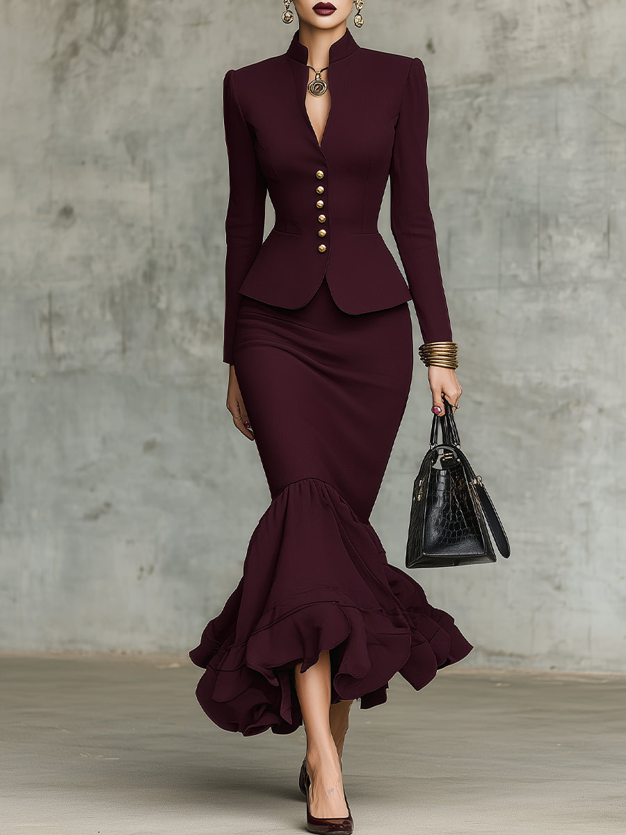 Leticia Conjunto de Top con Bajo de Volantes Burdeos y Falda con Botones Dorados