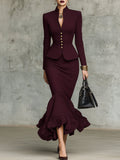 Leticia Conjunto de Top con Bajo de Volantes Burdeos y Falda con Botones Dorados
