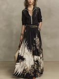 Fátima Conjunto de Camisa con Media Cremallera y Estampado Artístico Negro y Dorado y Falda Midi Floral Fluida