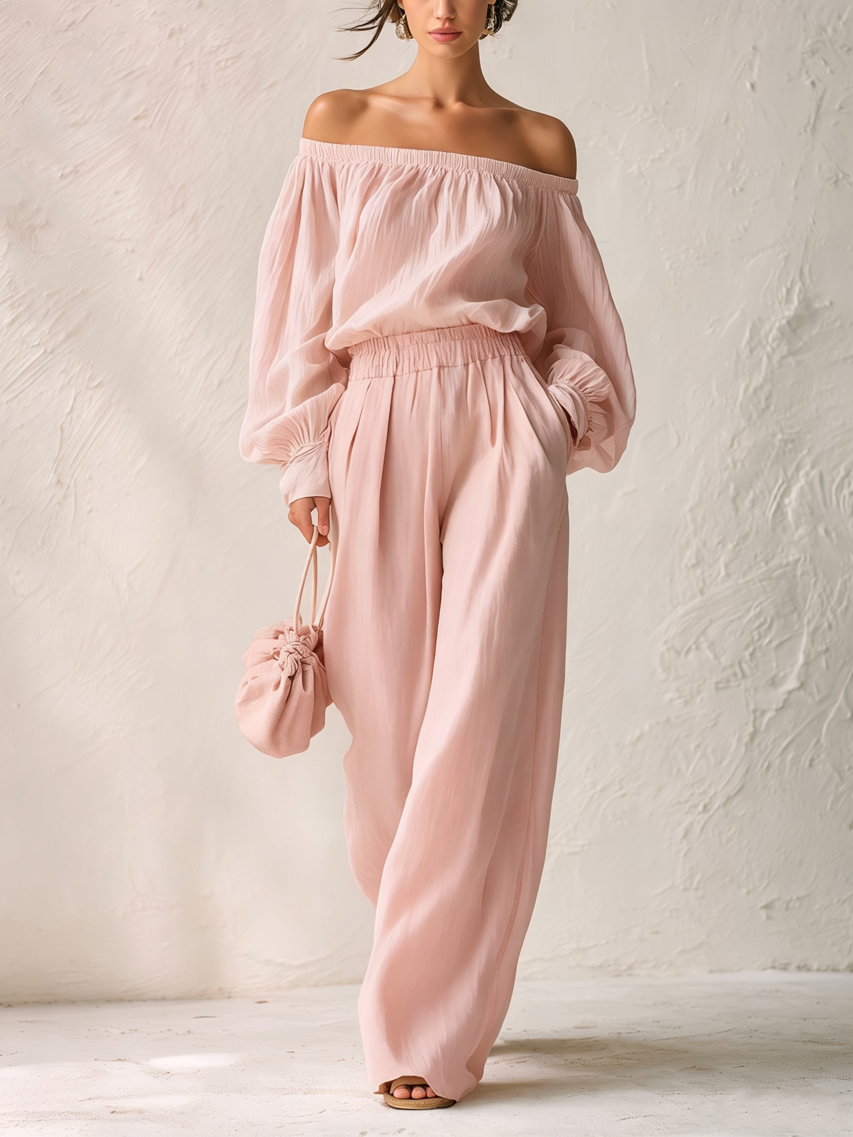 Tamara Conjunto de Top Rosa de Hombros Descubiertos y Mangas Abullonadas con Pantalón de Pierna Ancha de Talle Alto