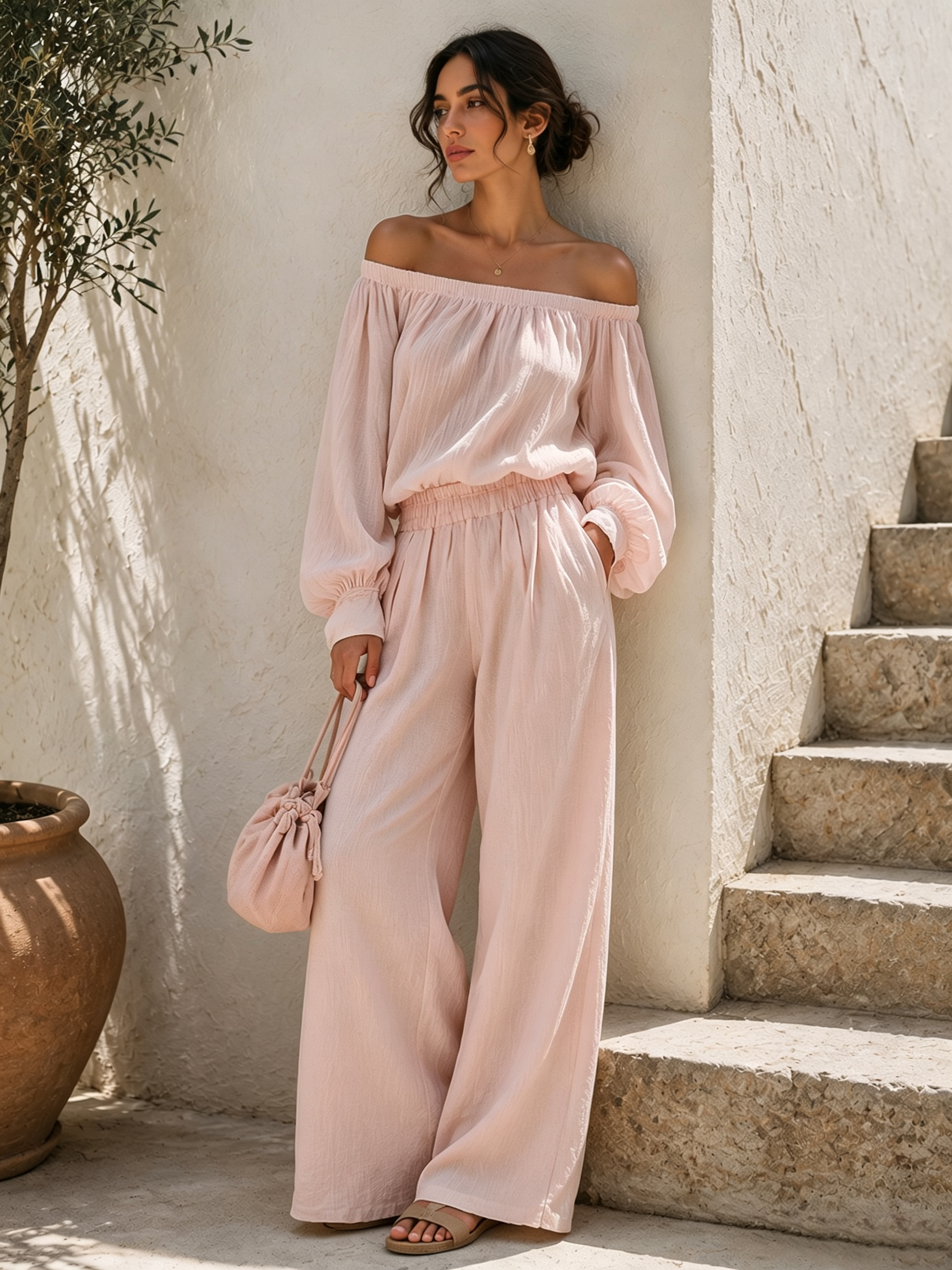 Tamara Conjunto de Top Rosa de Hombros Descubiertos y Mangas Abullonadas con Pantalón de Pierna Ancha de Talle Alto