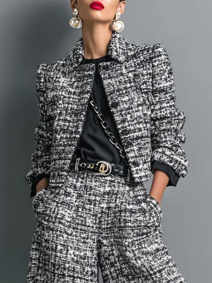 Leire Conjunto de Chaqueta Corta de Tweed con Cierre Sencillo y Pantalón de Pierna Ancha