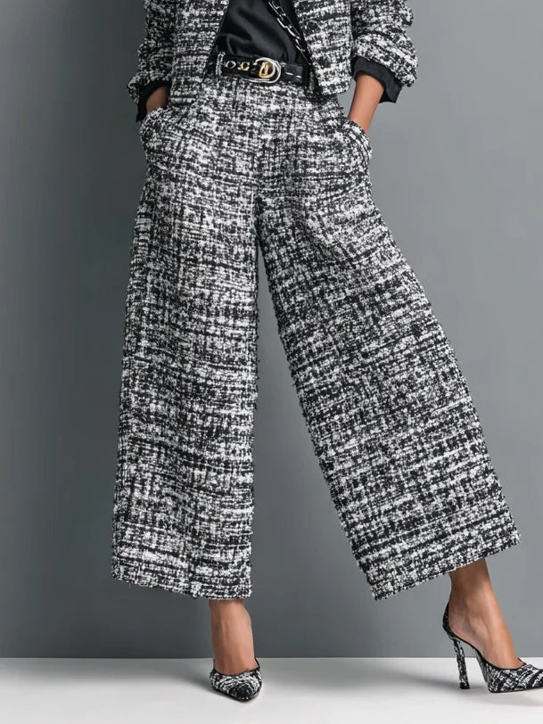 Leire Conjunto de Chaqueta Corta de Tweed con Cierre Sencillo y Pantalón de Pierna Ancha