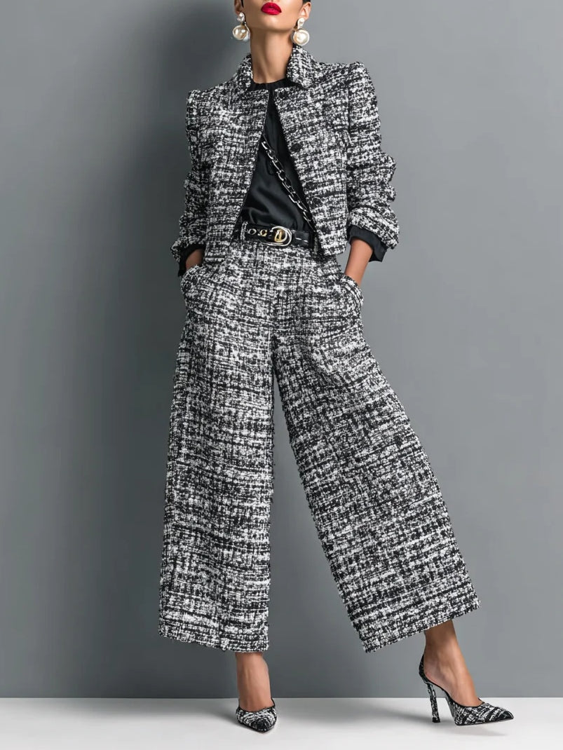 Leire Conjunto de Chaqueta Corta de Tweed con Cierre Sencillo y Pantalón de Pierna Ancha