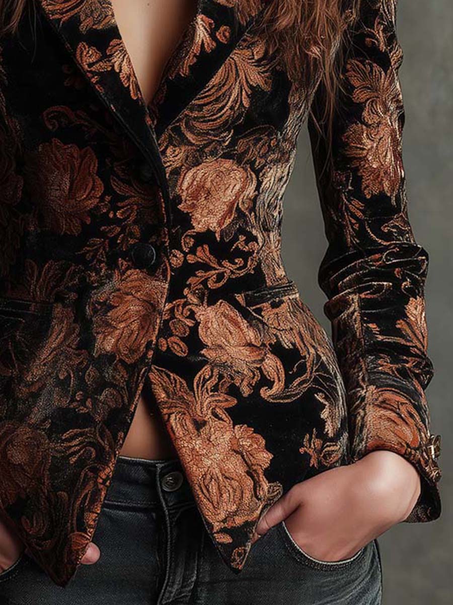 Leandra Blazer Negro con Estampado Floral Bronce