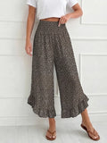 Pantalón culotte holgado de flores café con volantes