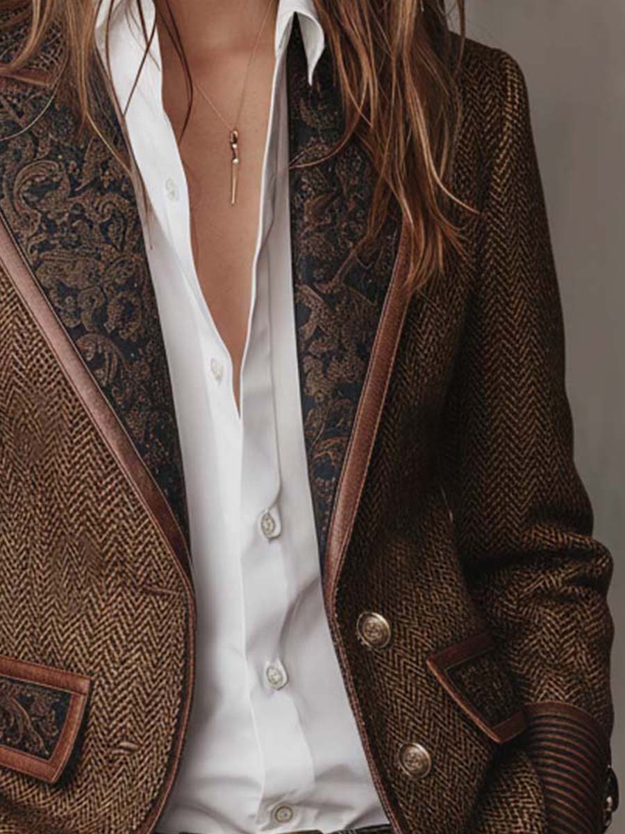 Iria Blazer con Estampado de Espiga y Detalles en Contraste